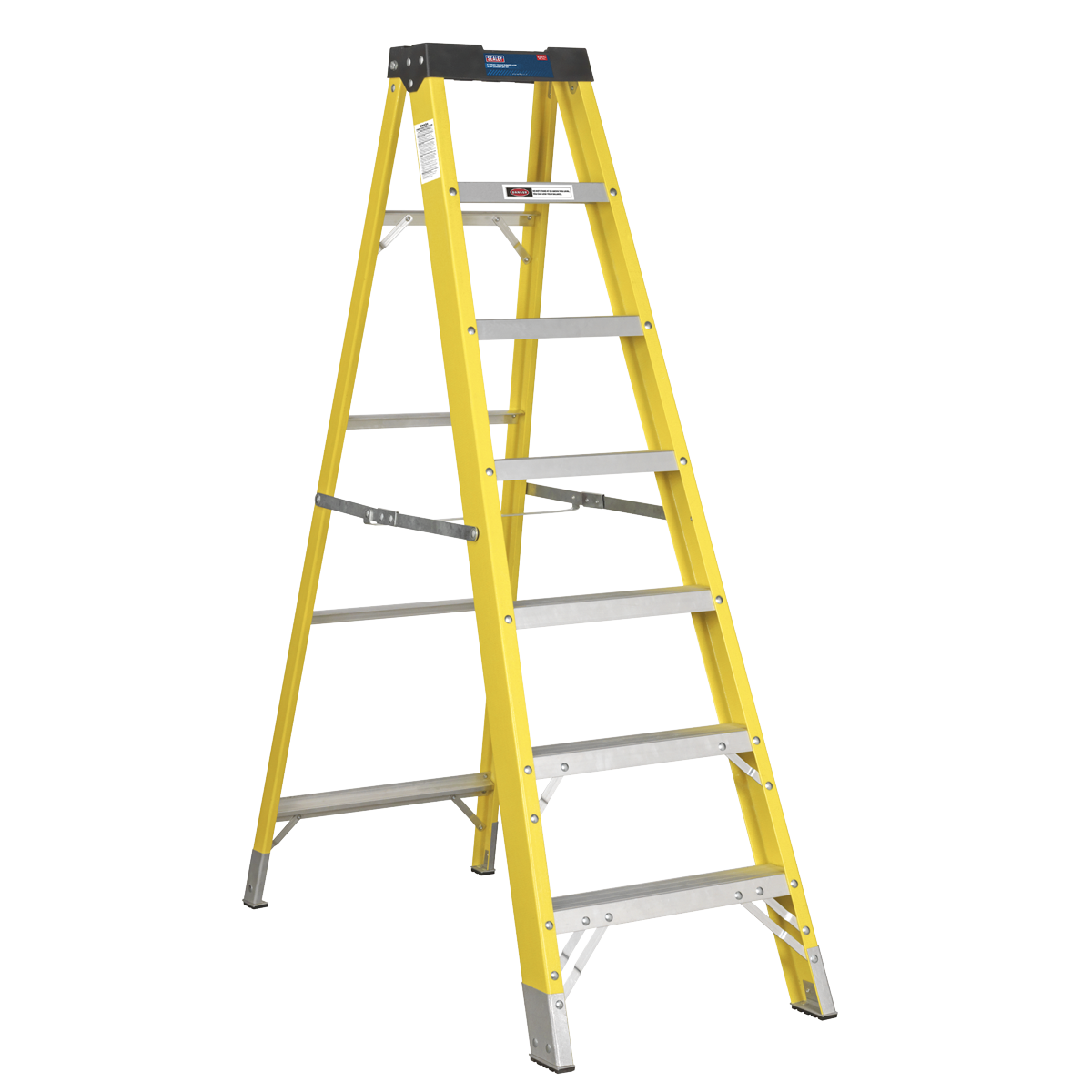 Introducing the Sealey Fibreglass Step Ladder 6-Tread EN 131 - FSL7: a robust, six-step A-frame ladder constructed from heavy-duty fiberglass. Featuring non-conductive steps and aluminum rungs with slip-resistant treads, this ladder is topped with a black cap and stands out on a white background.