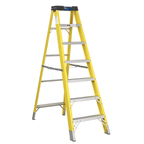 Introducing the Sealey Fibreglass Step Ladder 6-Tread EN 131 - FSL7: a robust, six-step A-frame ladder constructed from heavy-duty fiberglass. Featuring non-conductive steps and aluminum rungs with slip-resistant treads, this ladder is topped with a black cap and stands out on a white background.