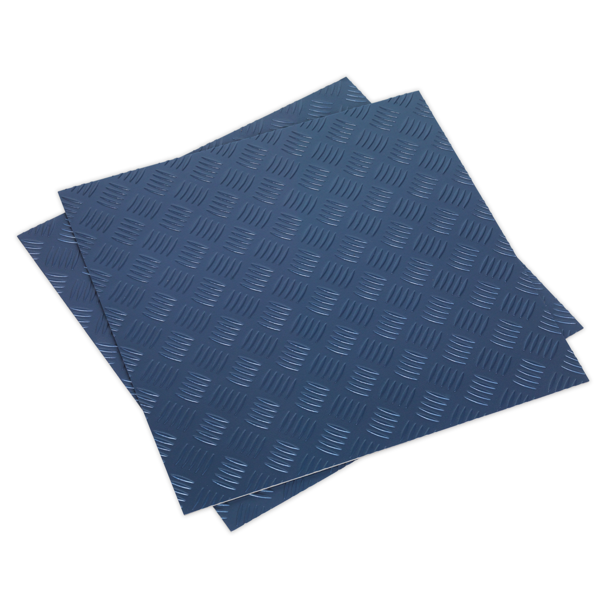 Two overlapping Sealey Vinyl Floor Tiles with Peel & Stick Backing in Blue Treadplate feature an anti-slip surface, ensuring safety and stability.