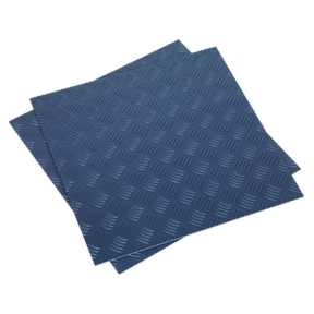 Two overlapping Sealey Vinyl Floor Tiles with Peel & Stick Backing in Blue Treadplate feature an anti-slip surface, ensuring safety and stability.