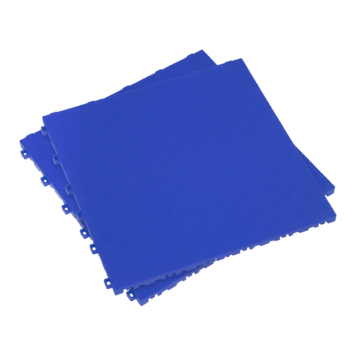 Sealey Polypropylene Floor Tile 400 x 400mm - Blue Treadplate - Pack of 9 (FT3BL), crafted from heavy-duty polypropylene, designed for use in various flooring applications, including garage environments.