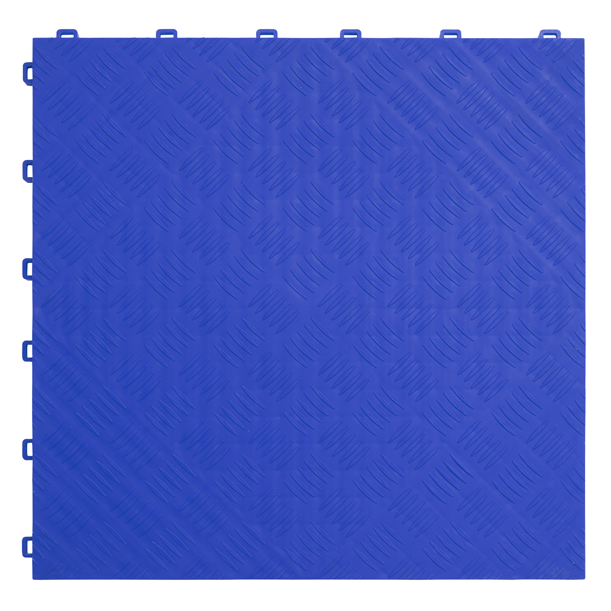 A single Sealey Polypropylene Floor Tile 400 x 400mm - Blue Treadplate - Pack of 9, made from heavy-duty polypropylene, showcases a textured diamond pattern with plastic tabs on the sides for easy interlocking with other tiles. Ideal for garage settings, it also features an anti-slip surface to improve safety.