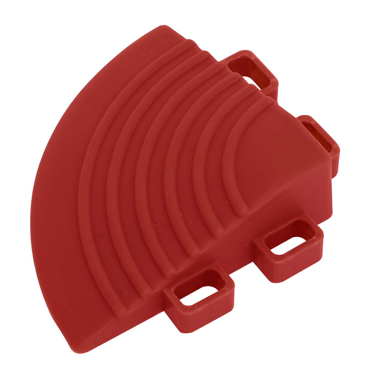 A red, curved, plastic LEGO piece with three connection studs and a ribbed surface, similar to the intricate corners of Sealey's Polypropylene Floor Tile Corners 60 x 60mm Red - Pack of 4 (FT3CR).