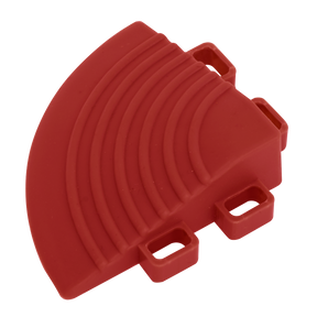 A red, curved, plastic LEGO piece with three connection studs and a ribbed surface, similar to the intricate corners of Sealey's Polypropylene Floor Tile Corners 60 x 60mm Red - Pack of 4 (FT3CR).