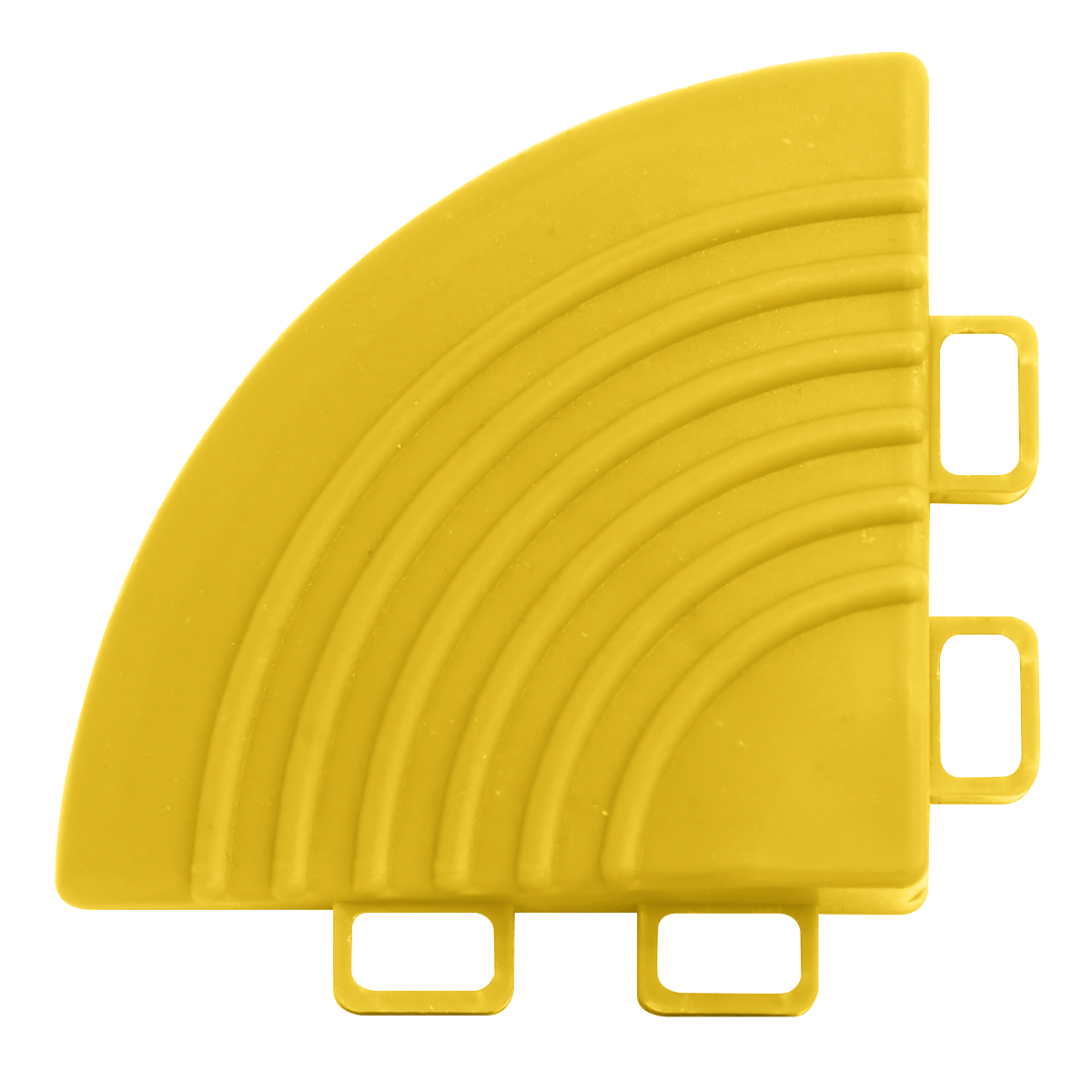 The Sealey Polypropylene Floor Tile Corner 60 x 60mm Yellow, sold in packs of four (FT3CY), features a quarter-circle shape with three rectangular tabs on the edge and embossed curved lines, making it ideal for use as corner pieces in polypropylene floor tiles.