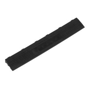 A black, rectangular polypropylene floor tile edge from Sealey, with grooved edges and female buckle edging, measuring 400 x 60mm and laid flat on a white background.