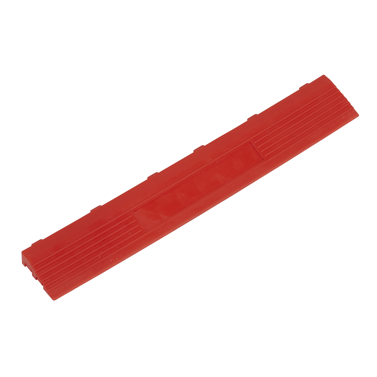 A long, rectangular red plastic toy brick is shown, featuring interlocking ridges on the top and smooth surfaces on the sides, reminiscent of Sealey's Polypropylene Floor Tile Edge 400 x 60mm Red Female - Pack of 6 (FT3ERF).