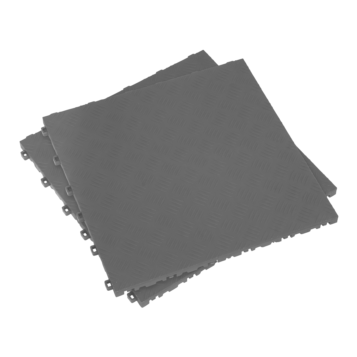 The Sealey Polypropylene Floor Tile 400 x 400mm in Grey Treadplate finish, sold in a pack of 9 (FT3G), offers a set of three interconnected heavy-duty polypropylene tiles with a diamond plate pattern, perfect for durable garage or workshop flooring.