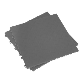 The Sealey Polypropylene Floor Tile 400 x 400mm in Grey Treadplate finish, sold in a pack of 9 (FT3G), offers a set of three interconnected heavy-duty polypropylene tiles with a diamond plate pattern, perfect for durable garage or workshop flooring.