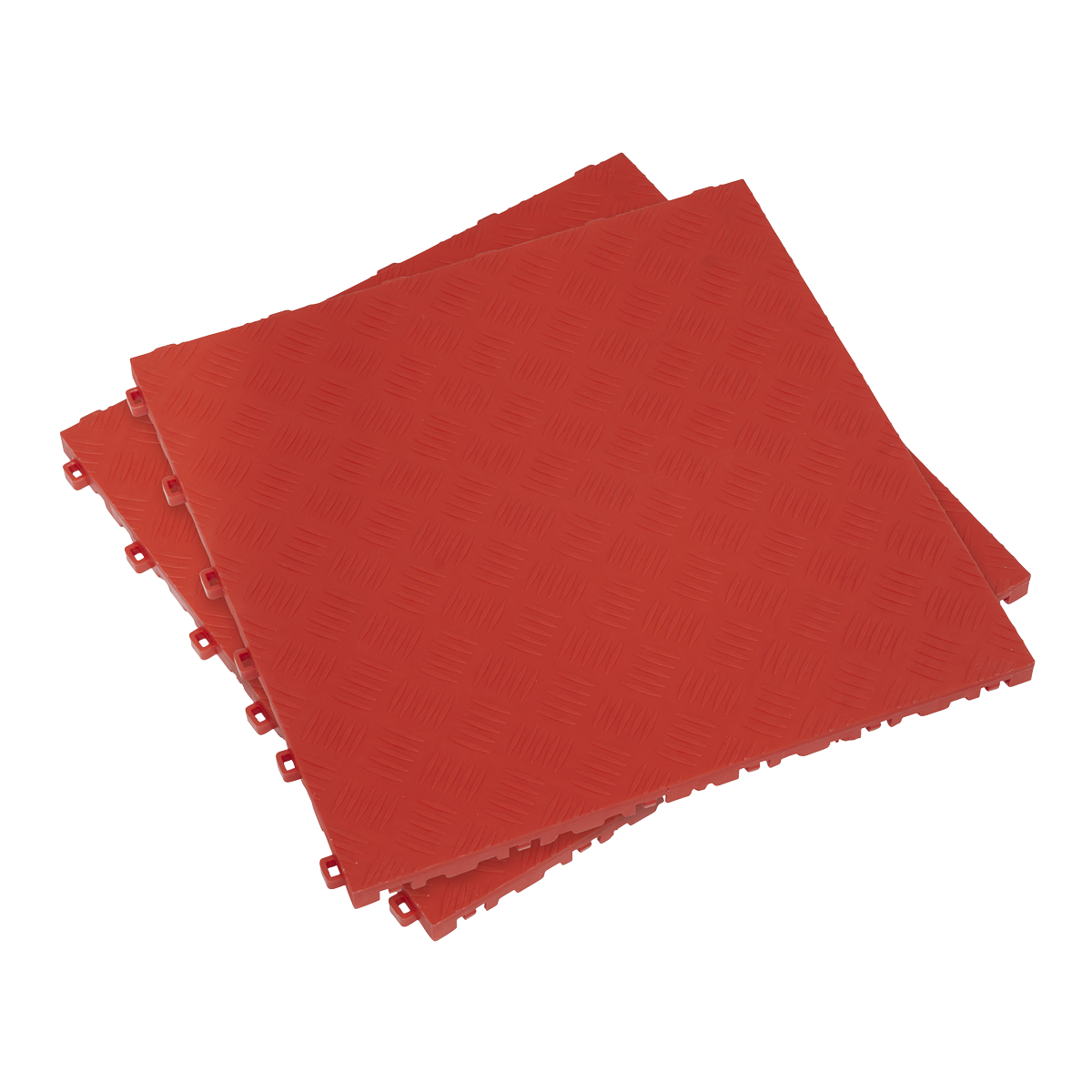 A pack of red Sealey Polypropylene Floor Tiles (400 x 400mm) with a treadplate textured, anti-slip surface pattern.