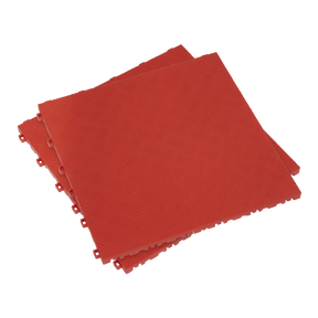A pack of red Sealey Polypropylene Floor Tiles (400 x 400mm) with a treadplate textured, anti-slip surface pattern.