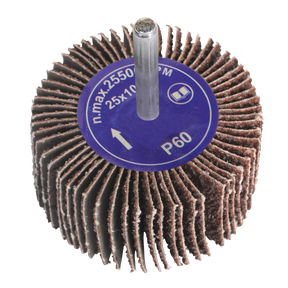 A close-up view of the Sealey Flap Wheel Ø25 x 10mm 6mm Shaft 60 Grit - FW251060, with a blue label indicating it has a maximum speed of 25500 RPM. The cylindrical tool, suitable for power drills, features radial flaps made of abrasive aluminium oxide material.