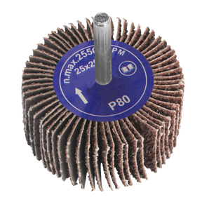 Sealey's Flap Wheel Ø25 x 20mm 80Grit 6mm Shaft - FW252080, featuring a blue label with specifications, is mounted on a metal shank for attachment to power drills and is designed for sanding and finishing surfaces.