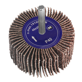 A close-up shot of the Sealey Flap Wheel Ø40 x 20mm 40Grit with a 6mm shaft (model FW402040) reveals its label indicating a maximum speed of 19100 RPM. Designed for seamless integration with power drills, this flap wheel features brown aluminium oxide abrasive flaps, making it ideal for a variety of applications.