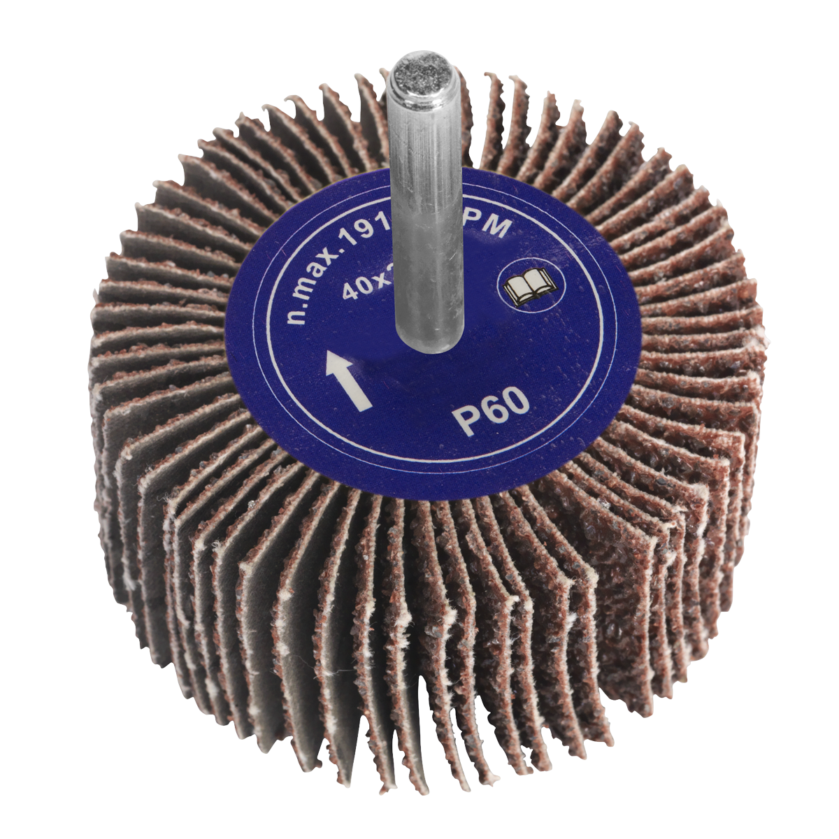 The Sealey Flap Wheel Ø40 x 20mm 60Grit 6mm Shaft - FW402060 is an aluminium oxide attachment with P60 grit, designed for rotary tools. It features measurements of 40x20 mm and supports a maximum RPM of 19,100, making it ideal for use with power drills.