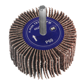 The Sealey Flap Wheel Ø40 x 20mm 60Grit 6mm Shaft - FW402060 is an aluminium oxide attachment with P60 grit, designed for rotary tools. It features measurements of 40x20 mm and supports a maximum RPM of 19,100, making it ideal for use with power drills.