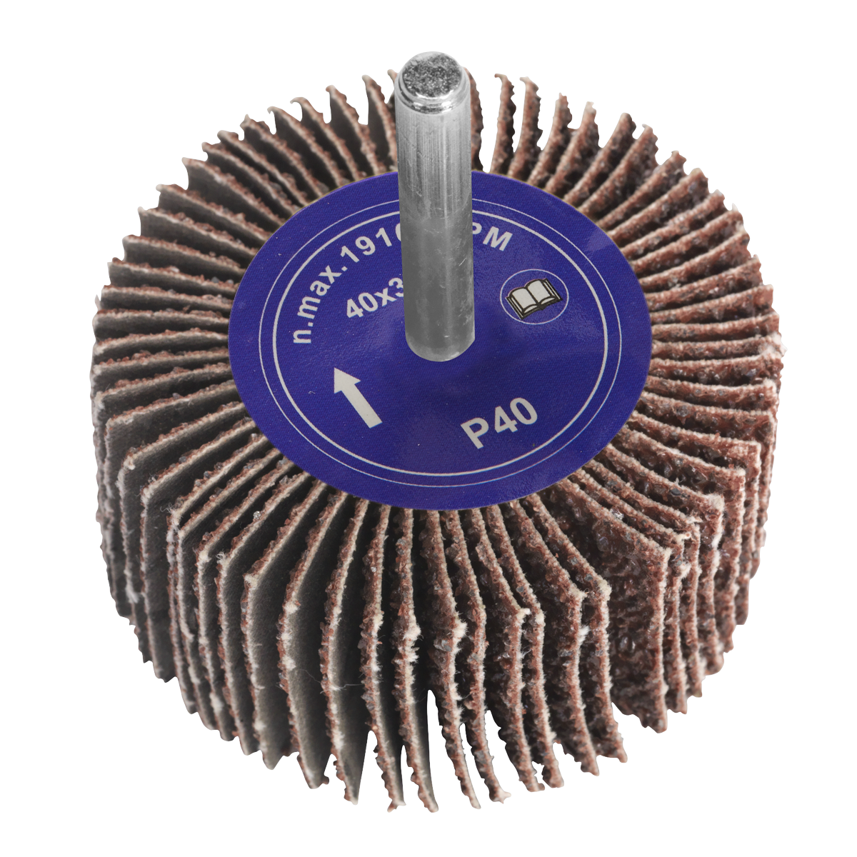 Close-up of a Sealey Flap Wheel Ø40 x 30mm 40 Grit abrasive disc with a 6mm central shaft, labeled "P40" and "n.max.19100 RPM". The disc features multiple radially arranged flaps, making it ideal for use with power drills for efficient material removal.