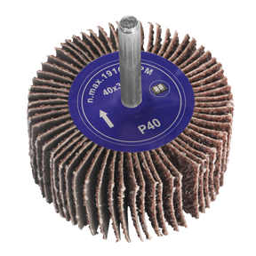 Close-up of a Sealey Flap Wheel Ø40 x 30mm 40 Grit abrasive disc with a 6mm central shaft, labeled "P40" and "n.max.19100 RPM". The disc features multiple radially arranged flaps, making it ideal for use with power drills for efficient material removal.