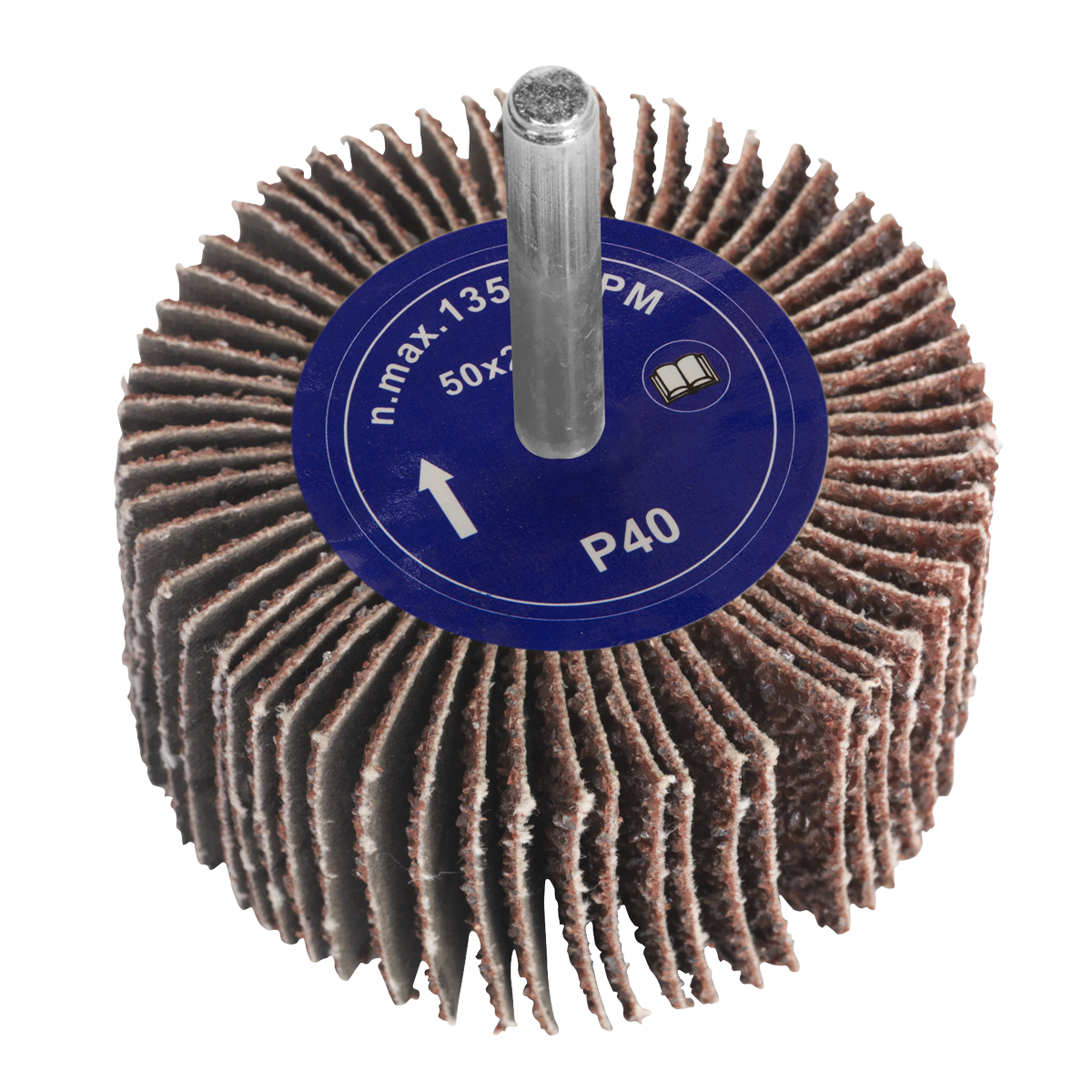 Close-up of the Sealey Flap Wheel Ø50 x 25mm 40Grit 6mm Shaft - FW502540, featuring a central shank and layered 40Grit abrasive flaps, ideal for grinding and finishing surfaces with power drills.