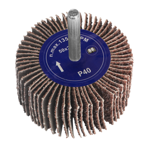 Close-up of the Sealey Flap Wheel Ø50 x 25mm 40Grit 6mm Shaft - FW502540, featuring a central shank and layered 40Grit abrasive flaps, ideal for grinding and finishing surfaces with power drills.