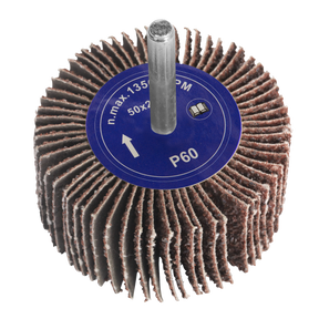 Close-up of the Sealey Flap Wheel Ø50 x 25mm 60Grit 6mm Shaft - FW502560, featuring a blue label indicating a maximum RPM of 13,500 and a grit size of 60. The brown flaps of the power drill-mounted sander are arranged in a circular pattern.