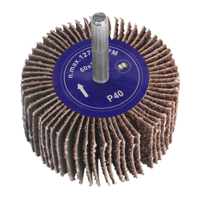 The Sealey Flap Wheel Ø60 x 30mm 40Grit 6mm Shaft - FW603040 is a cylindrical aluminium oxide flap wheel with a blue label, indicating a grit size of 40Grit and a maximum speed of 12,700 RPM, designed for use with power drills.