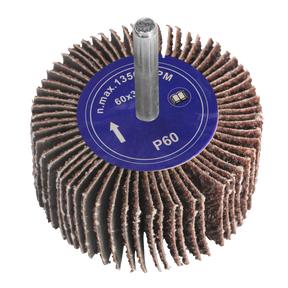 Close-up of a Sealey Flap Wheel Ø60 x 30mm with a 6mm shaft, labeled "FW603060" and "60Grit," featuring maximum RPM and directional arrow on a blue center disc, designed for use in power drills.