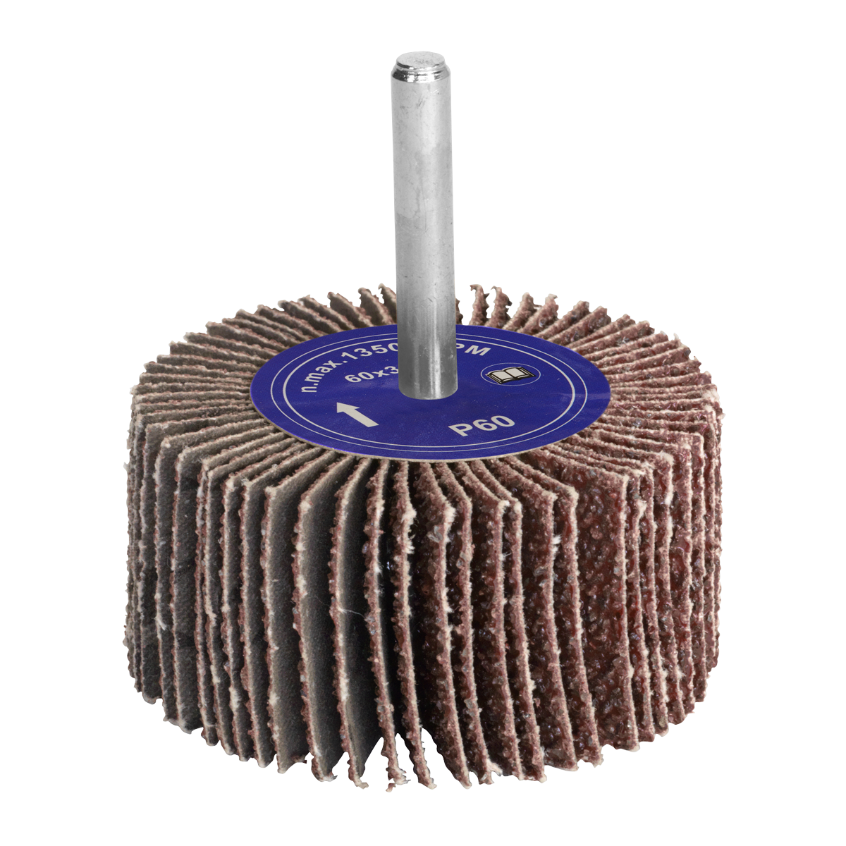 Introducing the Sealey Flap Wheel Ø60 x 30mm 60Grit 6mm Shaft - FW603060, a cylindrical aluminium oxide sander with abrasive flaps and a metal shank, perfect for use with power drills.