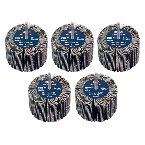 Sealey | 80 x 40mm Abrasive Flap Wheel on 6mm Shaft 40Grit - Pack of 5 - FW8040405