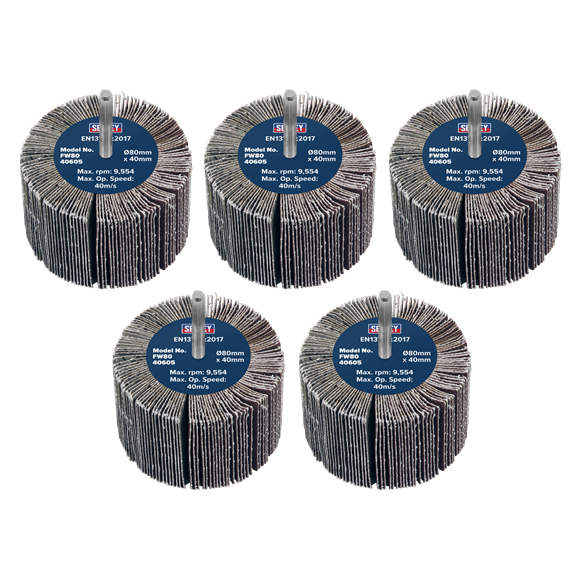 Sealey | 80 x 40mm Abrasive Flap Wheel on 6mm Shaft 60Grit - Pack of 5 - FW8040605