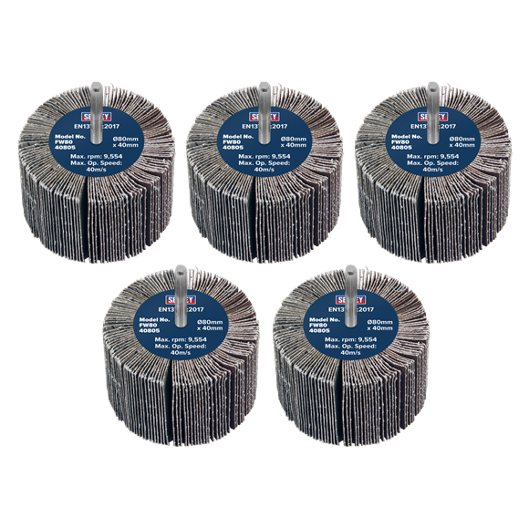 Sealey | 80 x 40mm Abrasive Flap Wheel on 6mm Shaft 80Grit - Pack of 5 - FW8040805