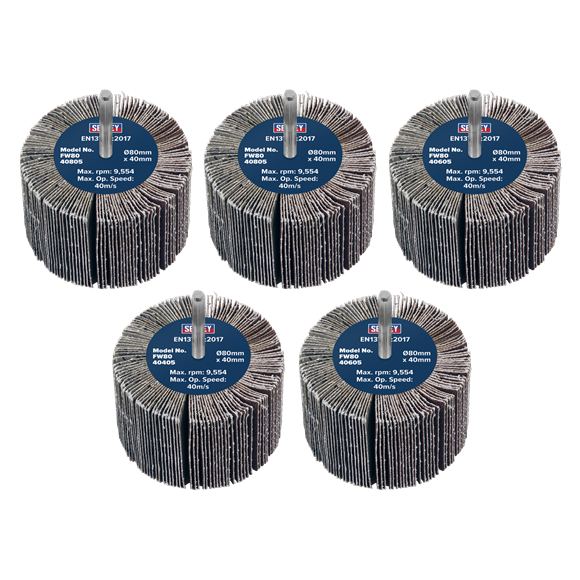 Sealey | 80 x 40mm Abrasive Flap Wheel on 6mm Shaft Assorted Grit - Pack of 5 - FW8040ASS