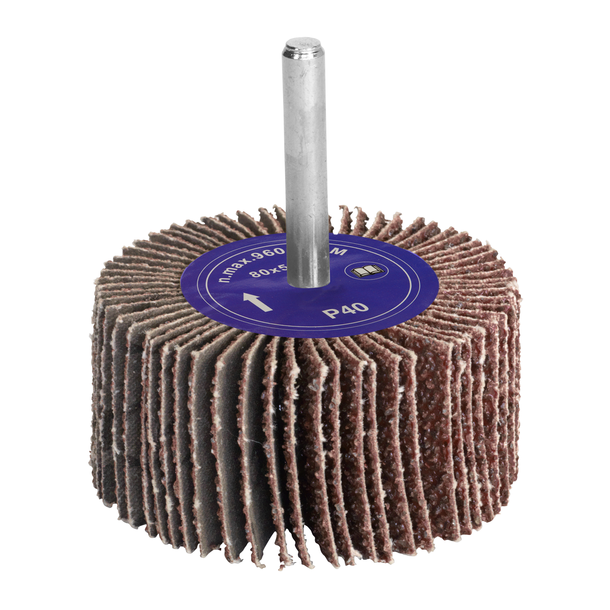 The Sealey Flap Wheel Ø80 x 50mm 40Grit 6mm Shaft - FW805040 is a cylindrical Aluminium oxide flap wheel with a metal shank and sandpaper flaps, labeled "P40" and "max 18000 RPM," designed for use with power drills.