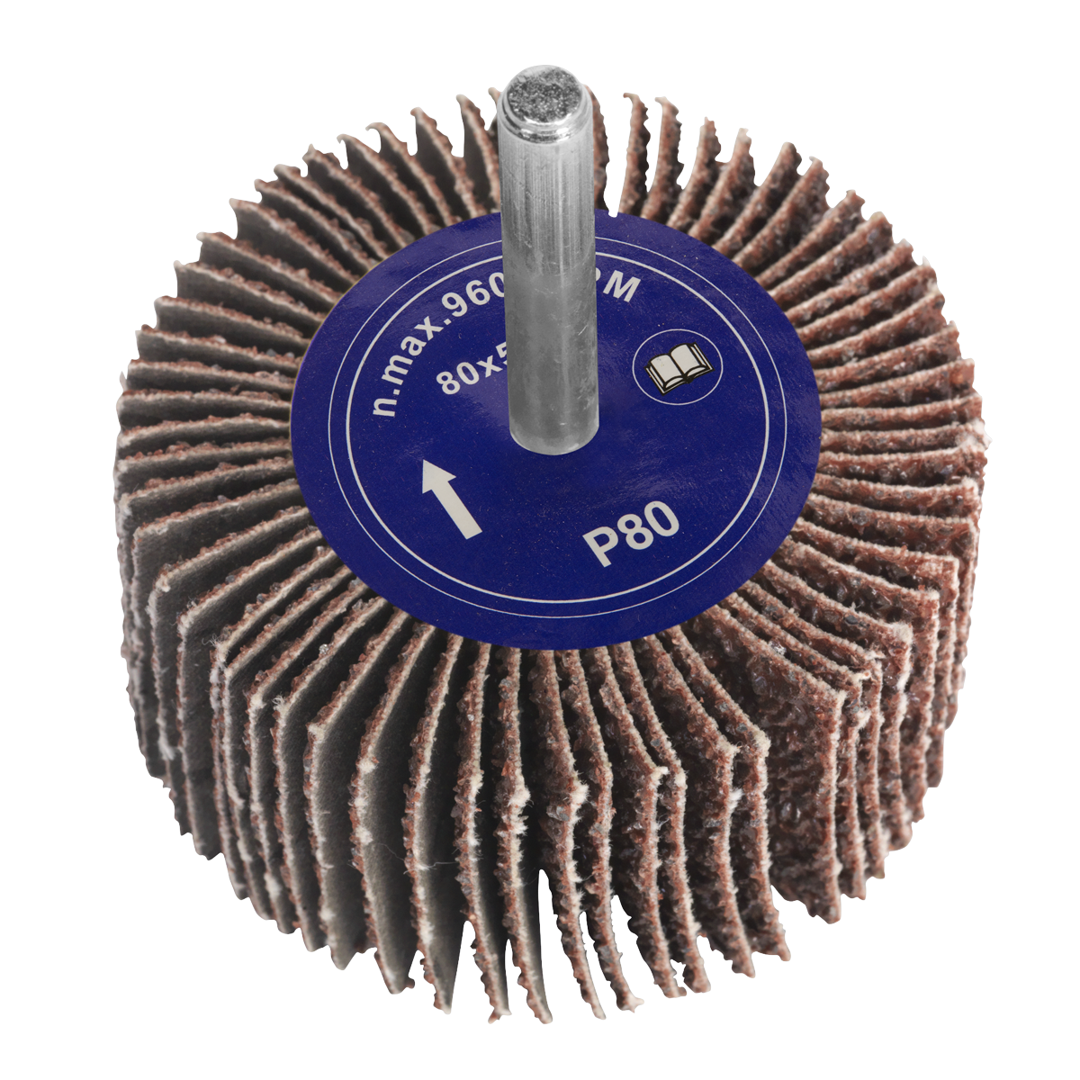 The Sealey Flap Wheel Ø80 x 50mm 80Grit 6mm Shaft - FW805080, made with Aluminium oxide, features a central metal shank designed for use with power drills. Ideal for sanding and finishing surfaces, this cylindrical wheel includes an arrow indicating the direction of rotation and has a grit size of P80.