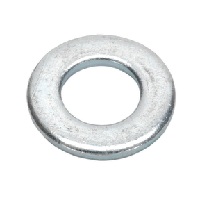 A close-up image of the Sealey Flat Washer DIN 125 M10 x 21mm Form A Zinc Pack of 100 (FWA1021) shows a silver metal washer with a central circular hole, typically used in fastening applications. This metric flat washer adheres to DIN 125 standards and is sold in a convenient pack of 100.