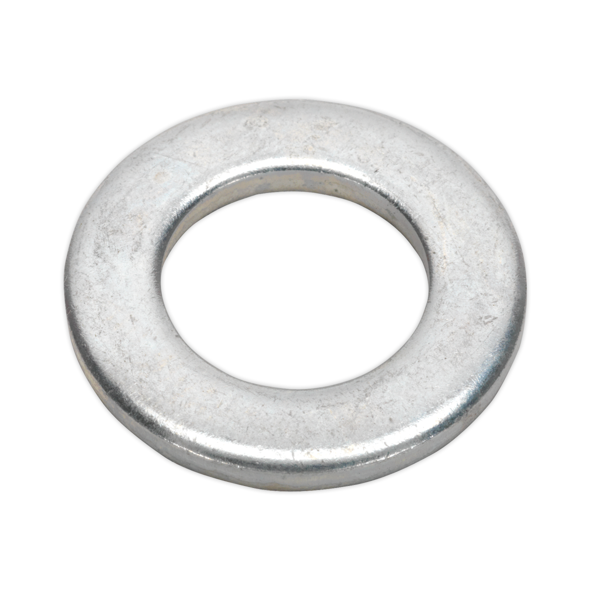 A close-up image of the Sealey Flat Washer DIN 125 M16 x 30mm from a pack of 50, featuring a smooth, round outer edge and a central hole. This Form A Metric washer adheres to DIN 125 standards.