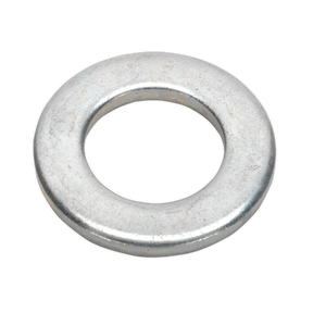 A close-up image of the Sealey Flat Washer DIN 125 M16 x 30mm from a pack of 50, featuring a smooth, round outer edge and a central hole. This Form A Metric washer adheres to DIN 125 standards.