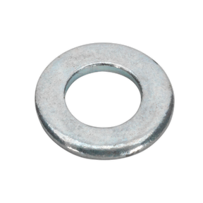 A Sealey Flat Washer DIN 125 - M4 x 9mm Form A Zinc, featuring a circular hole in the center, available in a pack of 100 and compliant with DIN 125 standards (Product Code: FWA49).