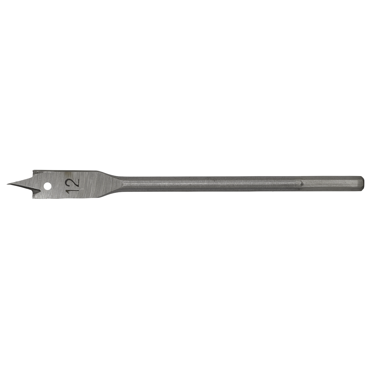 The Sealey Flat Wood Bit Ø12mm x 152mm - FWB12 is a high-performance wood drill bit with a sharp, pointed tip and a hex shank for secure grip.