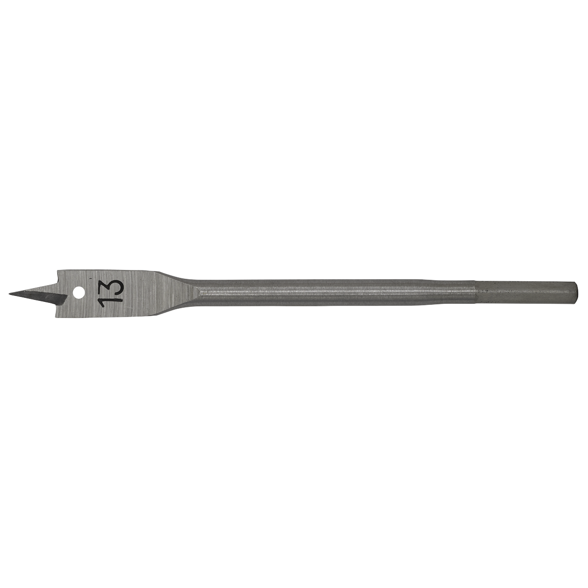 The Sealey Flat Wood Bit Ø13mm x 152mm - FWB13 is a high-performance drill bit that features a pointed tip and two cutting edges. It also includes a hex shank for secure gripping, making it ideal for drilling into wood materials.