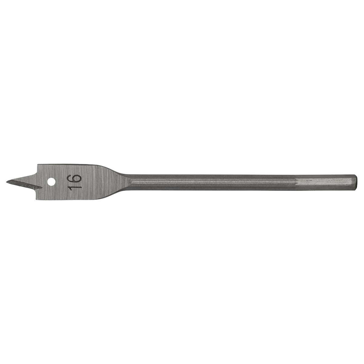 A high-performance Sealey Flat Wood Bit Ø16mm x 152mm - FWB16, featuring a flat, paddle-shaped blade with a sharp point and a hex shank.