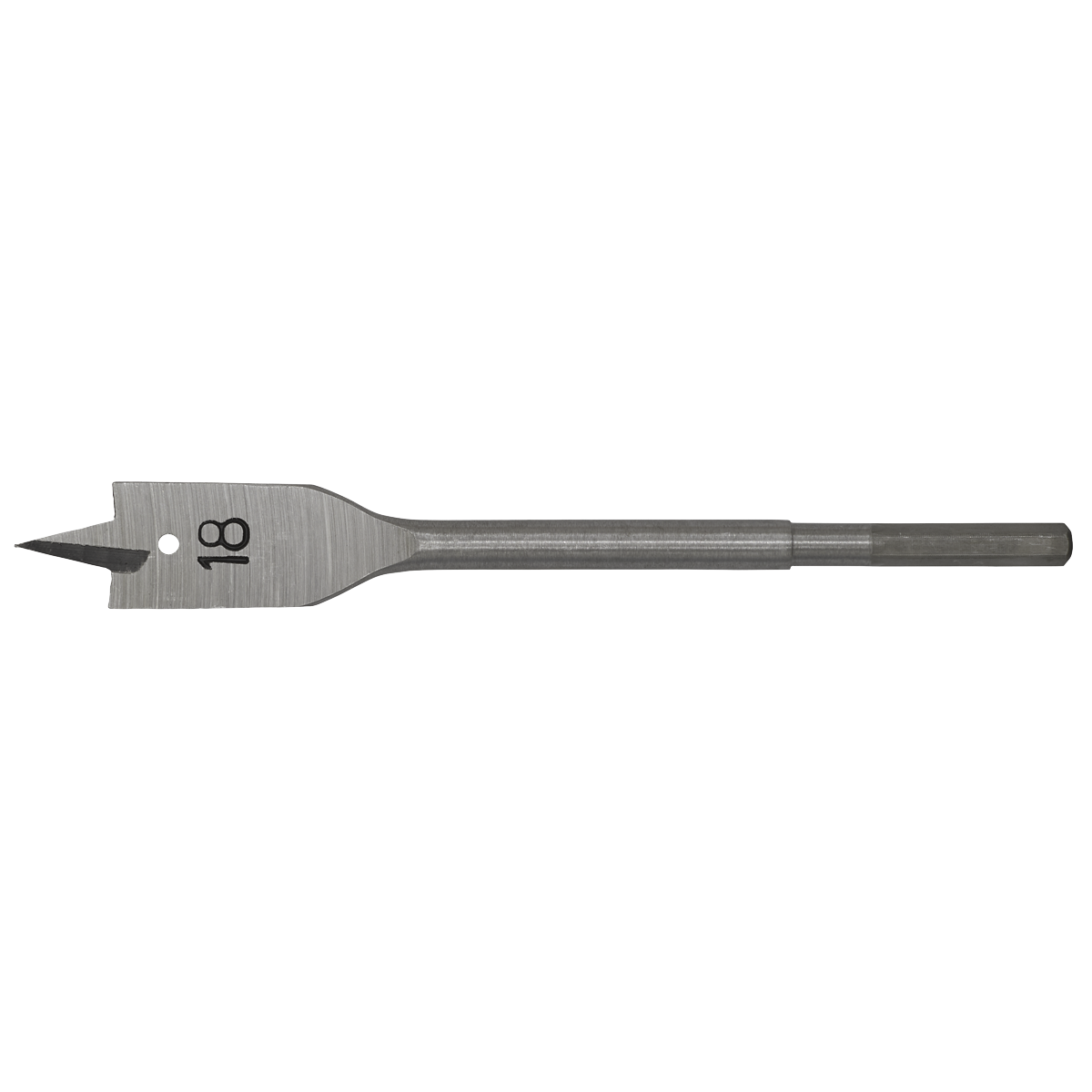 The Sealey Flat Wood Bit Ø18mm x 152mm - FWB18 is a high-performance drill bit with a sharp pointed tip and a hex shank, designed for efficient drilling through wood materials.