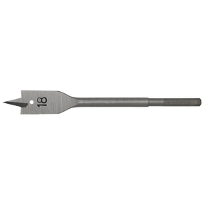 The Sealey Flat Wood Bit Ø18mm x 152mm - FWB18 is a high-performance drill bit with a sharp pointed tip and a hex shank, designed for efficient drilling through wood materials.