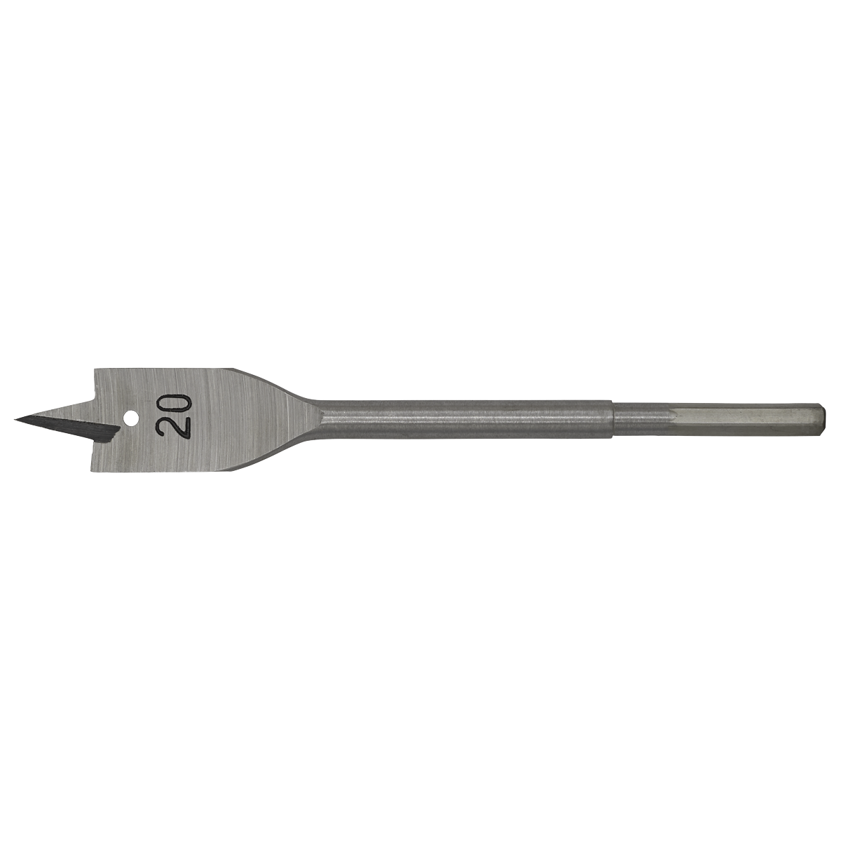 The Sealey Flat Wood Bit Ø20mm x 152mm - FWB20 is a high-performance spade drill bit with the number 20 engraved on its flat, triangular blade. It features a hex shank and a hole near the pointed tip, making it ideal for working with wood materials.