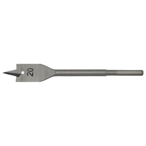 The Sealey Flat Wood Bit Ø20mm x 152mm - FWB20 is a high-performance spade drill bit with the number 20 engraved on its flat, triangular blade. It features a hex shank and a hole near the pointed tip, making it ideal for working with wood materials.