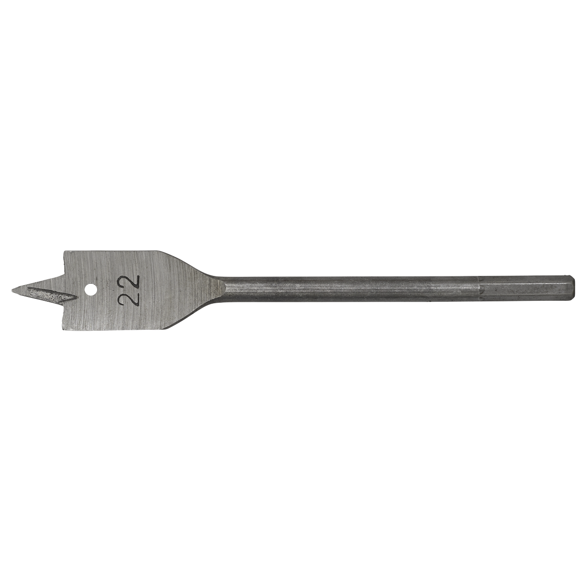 The Sealey Flat Wood Bit Ø22mm x 152mm - FWB22 is a high-performance drill bit featuring a sharp point, hex shank, and clear width marking of 22mm.