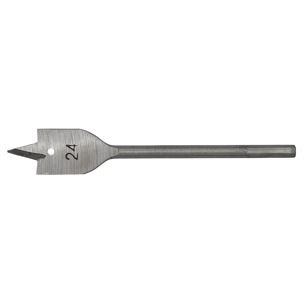 A high-performance drill bit, the Sealey Flat Wood Bit Ø24mm x 152mm - FWB24 features a flat blade engraved with the number 24. Ideal for drilling into wood materials, it includes a central pointed tip and two cutting edges for precision. The hex shank ensures a secure fit in your drill.