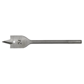 A high-performance drill bit, the Sealey Flat Wood Bit Ø24mm x 152mm - FWB24 features a flat blade engraved with the number 24. Ideal for drilling into wood materials, it includes a central pointed tip and two cutting edges for precision. The hex shank ensures a secure fit in your drill.