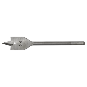 A high-performance drill bit, the Sealey Flat Wood Bit Ø24mm x 152mm - FWB24 features a flat blade engraved with the number 24. Ideal for drilling into wood materials, it includes a central pointed tip and two cutting edges for precision. The hex shank ensures a secure fit in your drill.