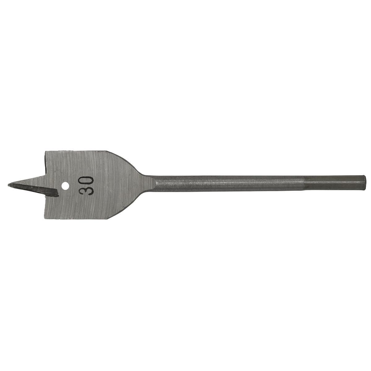 Introducing the Sealey Flat Wood Bit Ø30mm x 152mm - FWB30, a high-performance drill bit specifically designed for wood materials. This flat wood bit features a pointed tip and is engraved with "30" to indicate its size. The hex shank ensures a secure grip in your drill.